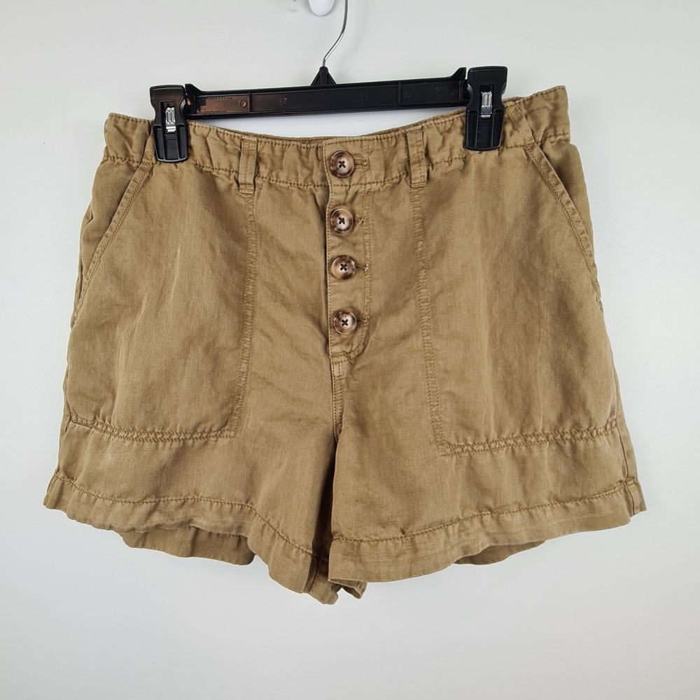 LOFT Women 12 Khaki Brown Cotton Linen Blend Button Fly Utility Shorts High-Rise